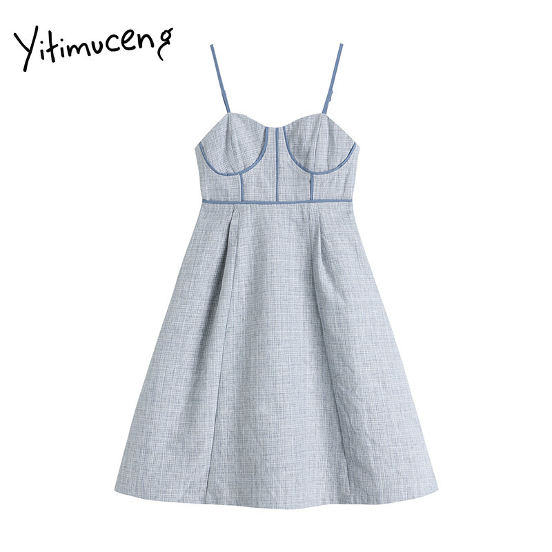 Yitimuceng xadrez vestidos de cinta de espaguete feminino verão zíper de cintura alta a linha com decote em v verde azul 2021 moda novo mini vestido de verão