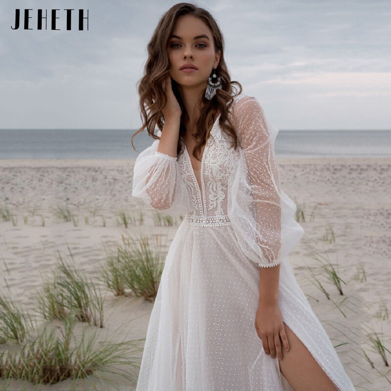 JEHETH-vestido de novia largo de tul con manga abullonada, traje Sexy bohemio con escote en V, apliques de corte en A para playa, 2022