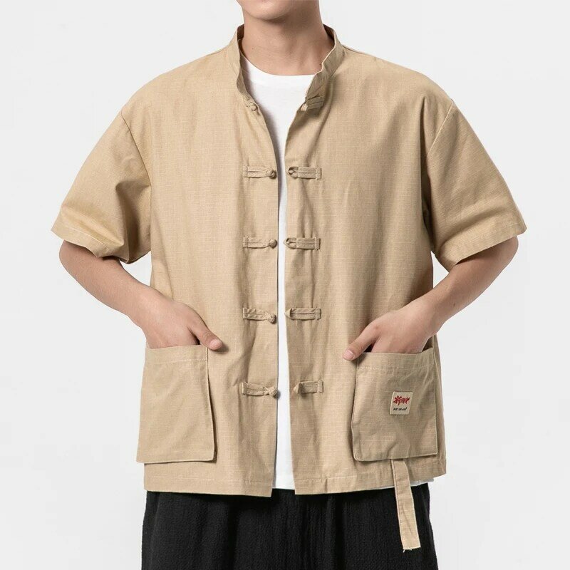 Рубашка мужская хлопковая с коротким рукавом, Свободная блуза в китайском стиле ретро, традиционная одежда в стиле оверсайз, лето