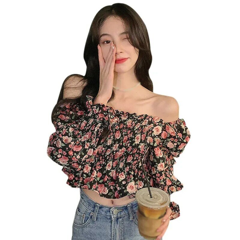 2021 EFINNY الفرنسية نمط المرأة الأزهار قميص الصيف البلوزات مائل الرقبة سليم القمم مطبوعة موضة اقتصاص