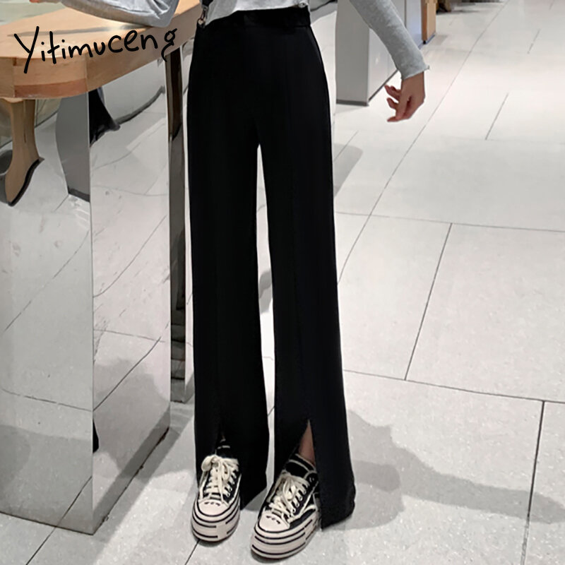 Yitimuceng-traje de verano para mujer, pantalones de pierna ancha rectos, de cintura alta, informales, Negro, Rosa, moda urbana, 2021