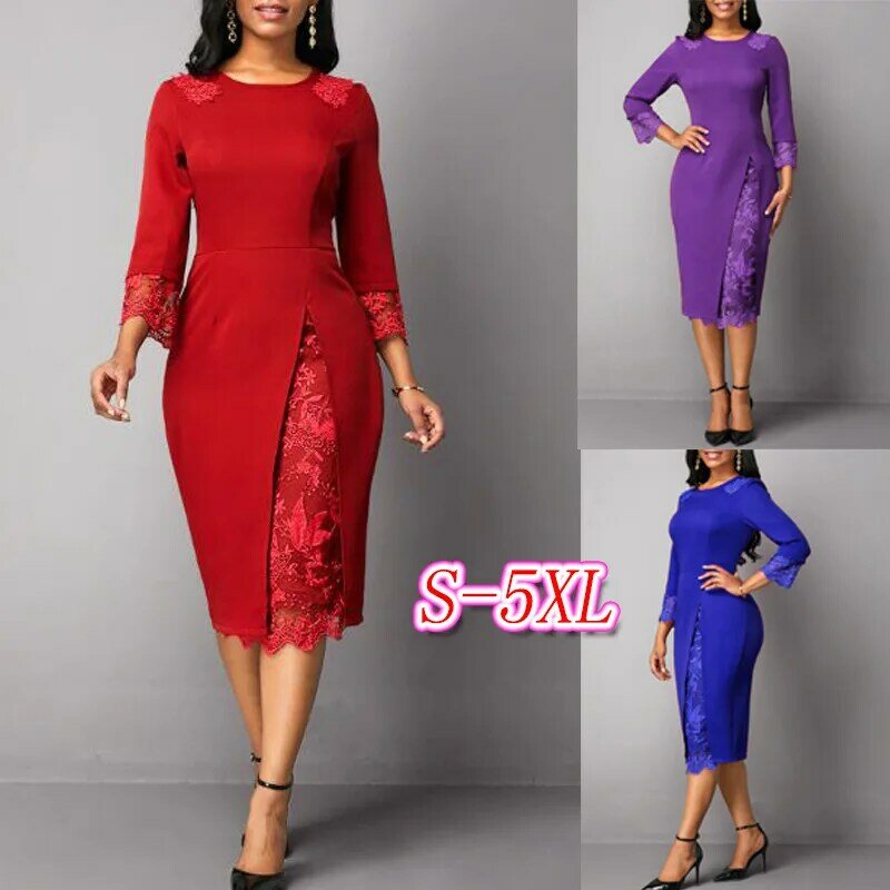 Jesień kobiet 2021 nowa czerwona jednokolorowa S-5xl elegancka seksowna koronkowa szyta dopasowana sukienka w stylu vintage sukienka do pracy biurowej Vestidos