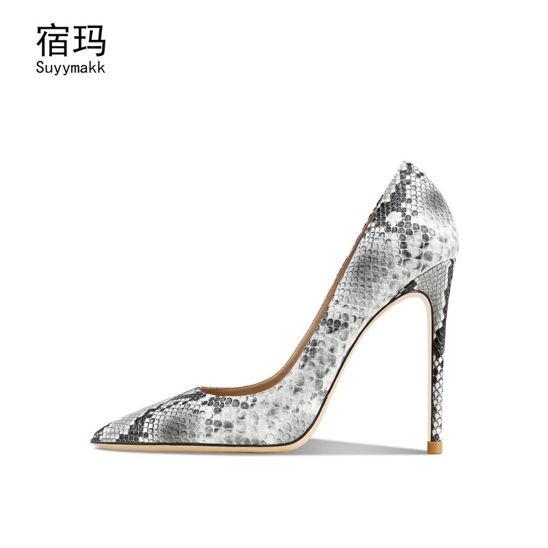 2022 New Spring Women's Pumps Genuine Leather Snake Pattern High Heels Shoes Sexy Wedding Shoes Female Party Ladies Stiletto 10