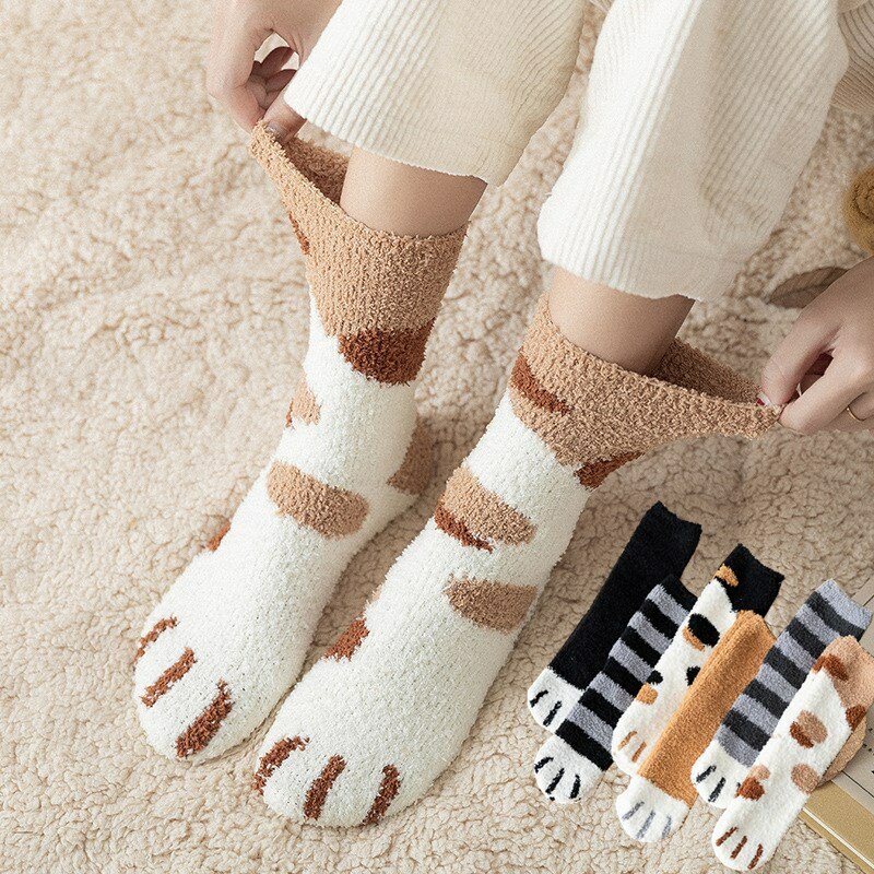 Calcetines de felpa de lana de Coral para mujer, medias gruesas y cálidas de gato siamés, para dormir, para otoño e invierno, 1 par
