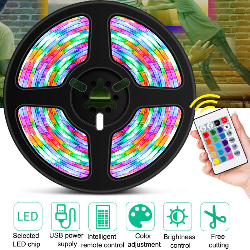 5M RGB LED Strips Lights For Room 5V Diode Tape Flexible Ribbon Lamp Power Adapter Bluetooth LED Strip  Lamp Home Decoration