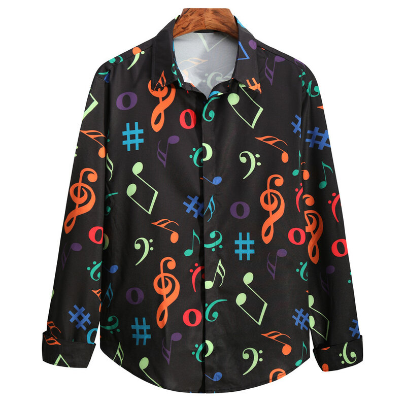 Mens Classic Music Notes Printed Shirts Button Up Casual Blouse Tops Covered Business Standard-fit Long Sleeve Shirts