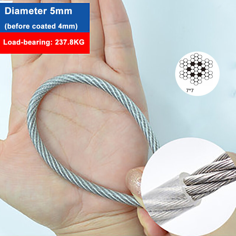 2 - 9 Meter Diameter 5Mm Tali Kabel Fleksibel Dilapisi PVC Transparan 7*7 Struktur 304 Kit Jemuran Baja Tahan Karat