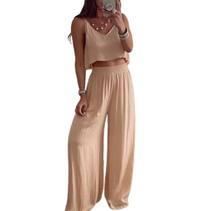80% Dropshipping!!Women Sleeveless Solid Color Skin-friendly Sling V-neck Top Wide Leg Pants Outfit Tracksuit