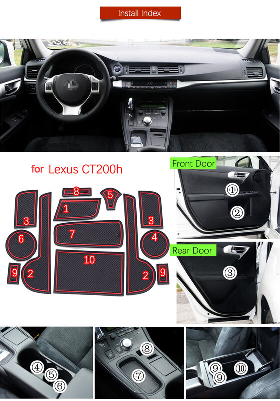 for Lexus CT200h  Lexus CT 200h 2011~2018 Rubber Anti-slip Mat Door Groove Cup pad Gate slot Coaster Interior Car Accessories