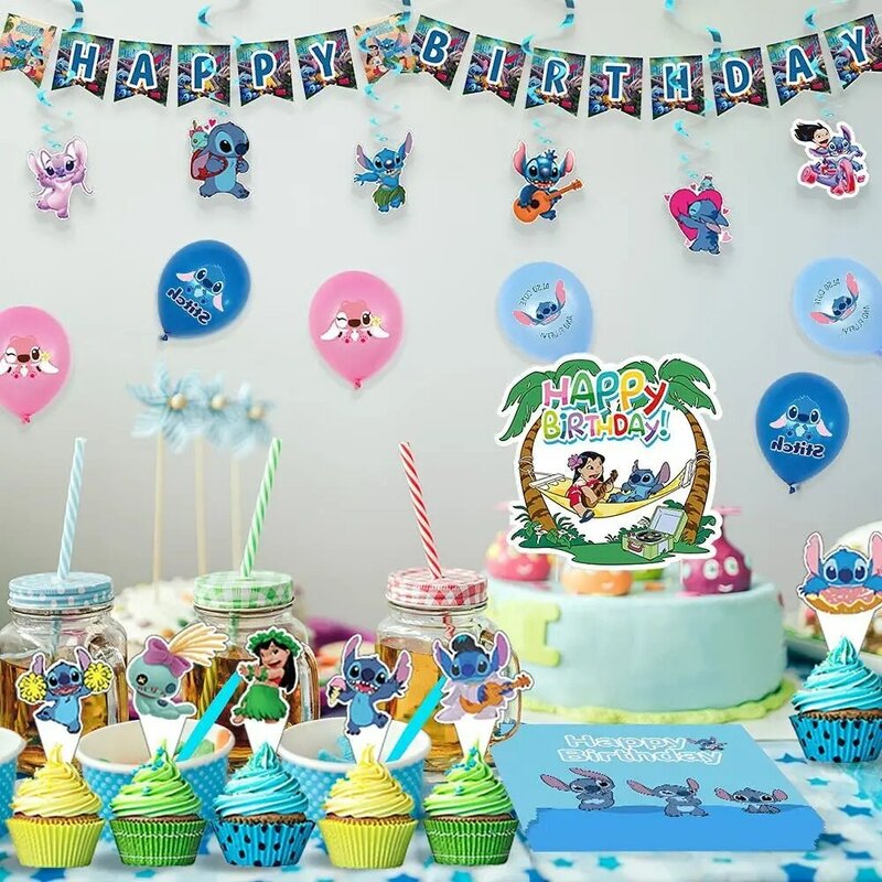 Disney Stitch akcesoria na imprezę tematyczną jednorazowe zastawy stołowe kubek papierowy serwetki Banner dla dzieci dekoracje na przyjęcie urodzinowe Baby Shower