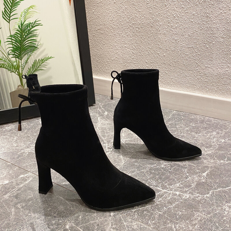 Женские ботинки, туфли-лодочки на высоком каблуке, женская обувь из флока для офиса и свадьбы, дизайнерская модная обувь для женщин, 2021