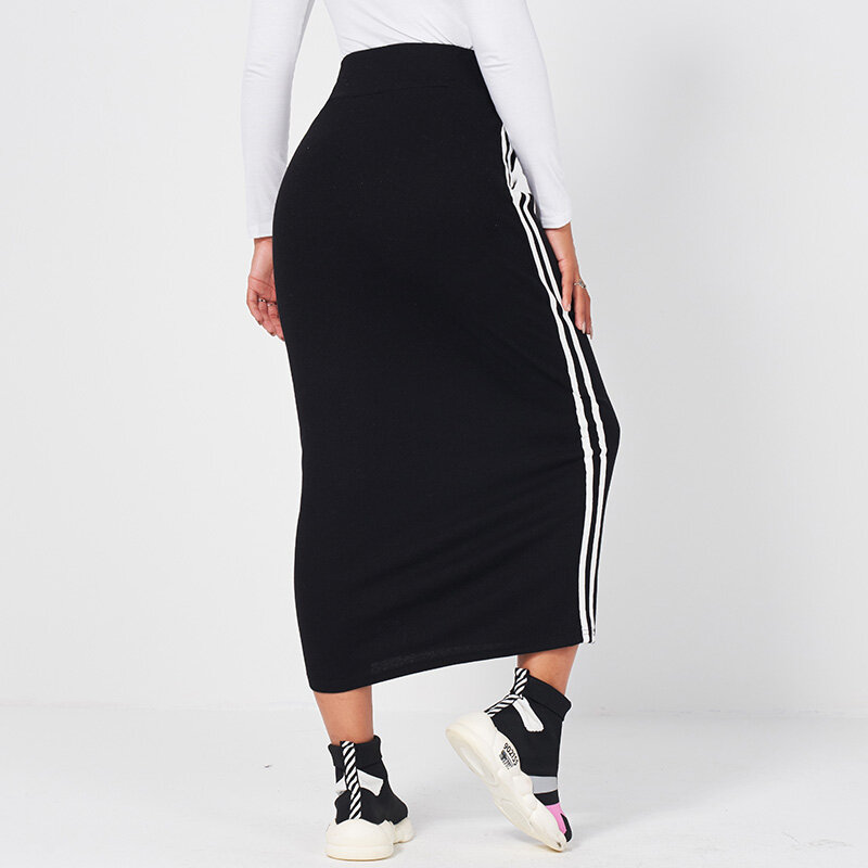 MAI&FUN New Summer Women's Elastic Black Skirt Drawstring Webbing Knitted Striped Long Casual Sexy All-Match Bag Hip Calf Skirt