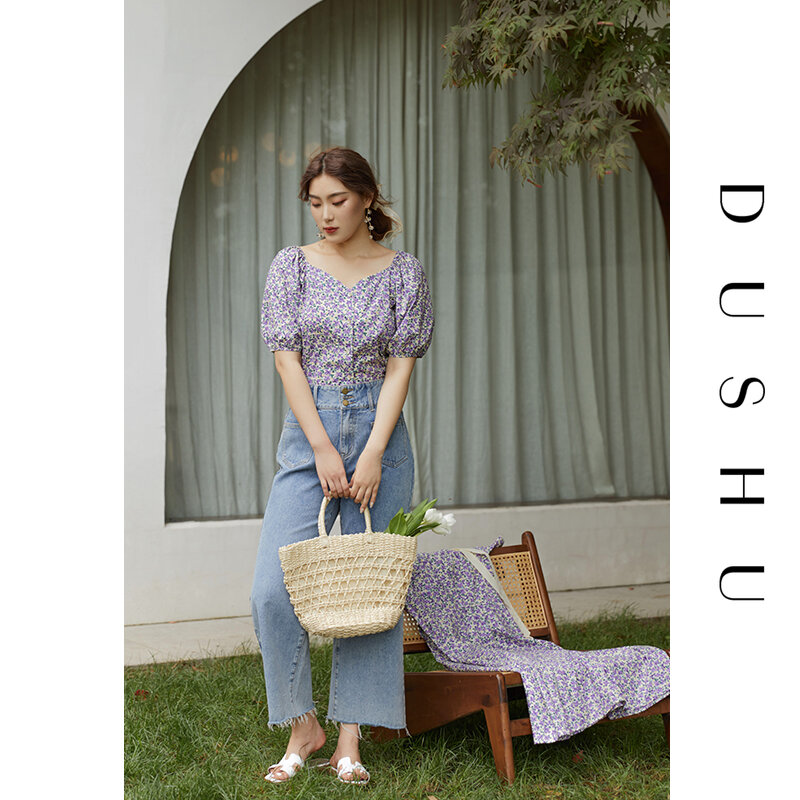DUSHU Plus Kích Thước 100% Cotton In Hoa Phối Áo Sơ Mi Nữ Tay Phồng Boho Mùa Hè Top Nữ Vintage Bãi Biển Nút Lên áo Sơ Mi
