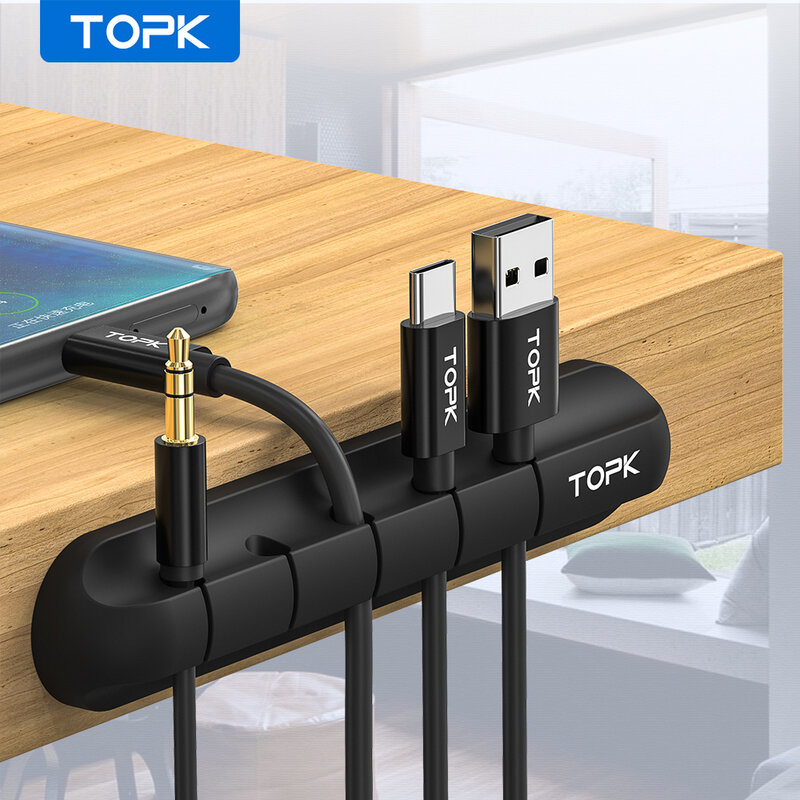 TOPK-organizador de cables L16, enrollador de Cable USB de silicona, Clips de gestión para escritorio, soporte para ratón, auriculares