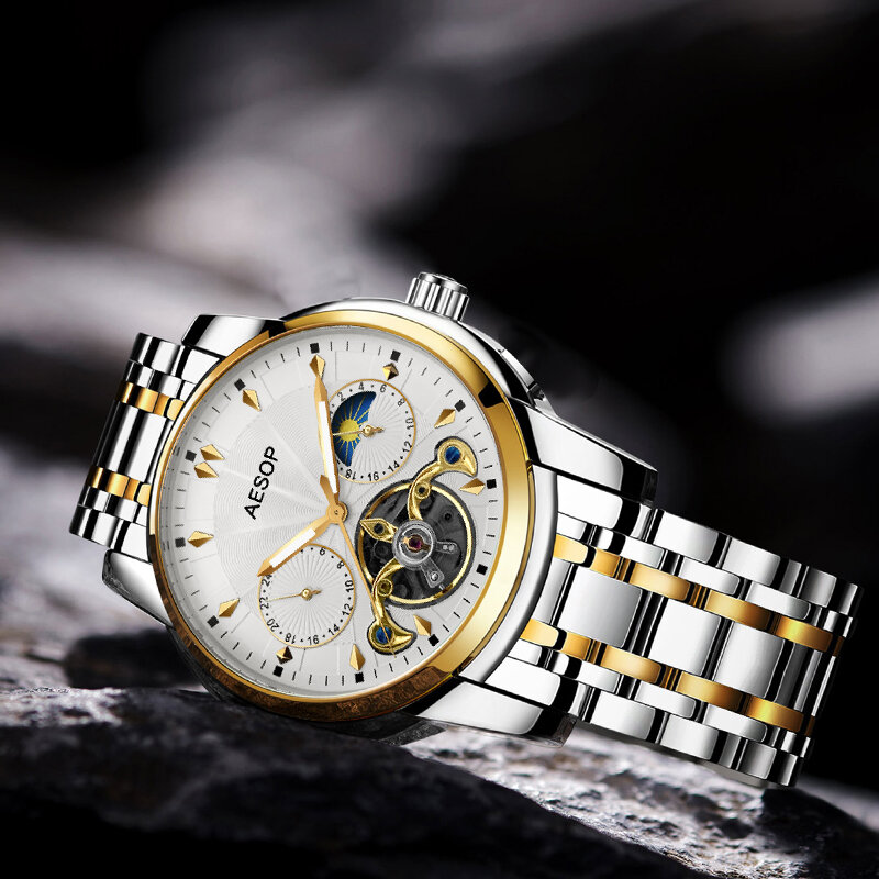 Automatyczny męski zegarek mechaniczny Tourbillon Luminous wodoodporny pasek stalowy 30M wodoodporny zegar Reloj de los hombres 2021