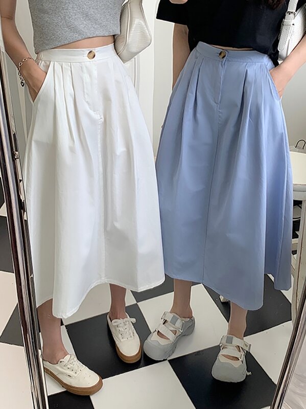 Rok Feminino Chaqueta untuk Wanita Di Musim Panas 2021 Rok Putih Baru Rok Payung Prancis Rok Ayun Chic Rok A-line Panjang