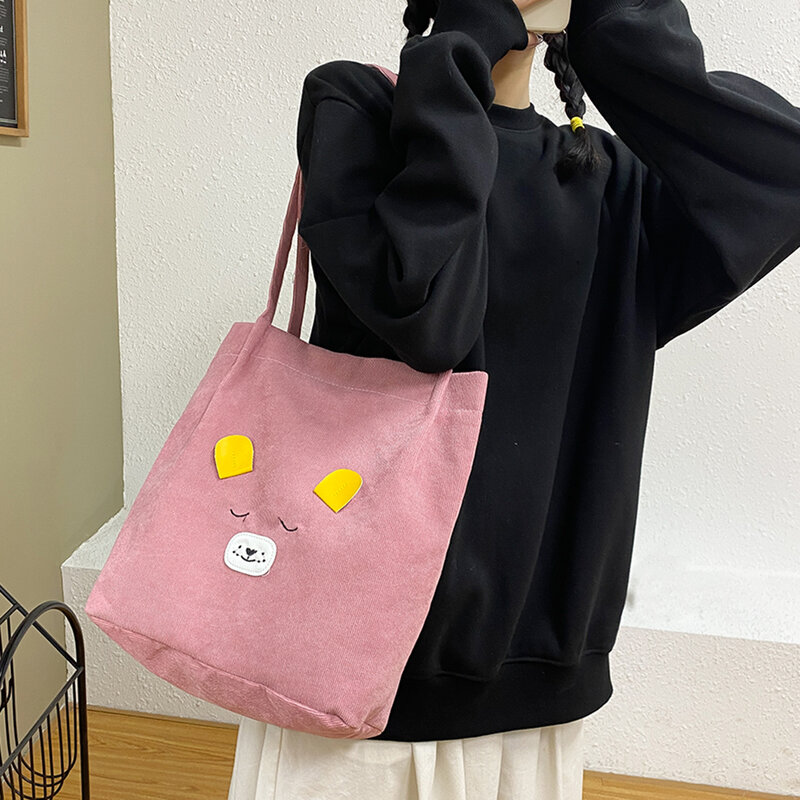Bolsa casual feminina, bolsa de mão com estampa de urso, em veludo, cor sólida, sacola de ombro simples e de grande capacidade para compras