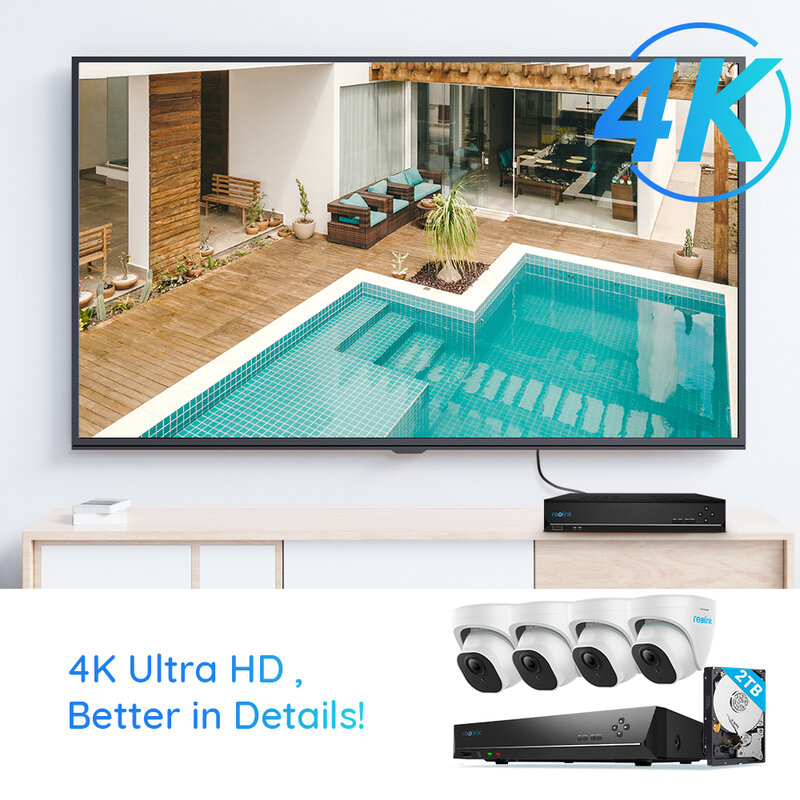Reolink Smart POE NVR Kit 4K Ultra HD 24/7 registrazione HDD da 2TB in primo piano con sistema di sicurezza domestica di rilevamento umano/auto RLK8-820D4-A