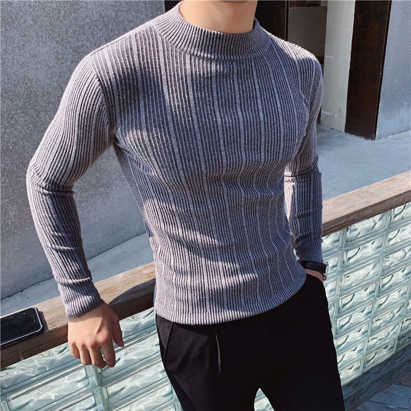 2021 outono inverno moda mock pescoço blusas topos masculino cor sólida fino ajuste pullovers masculino manga comprida de malha topos o117