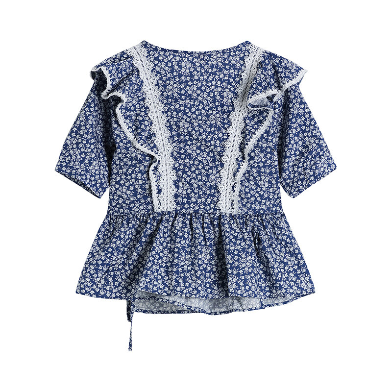 Женская шифоновая рубашка с оборками, свободная блузка в корейском ретро-стиле с V-образным вырезом и цветочным принтом, лето 2021