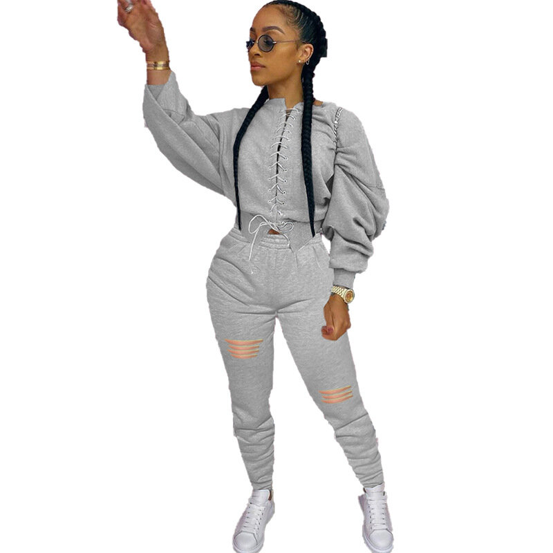 Women Two Piece Outfits Long Sleeve Criss-Cross Shirts Broken Hole Pant Tracksuits for Woman Spring Fall Female Clothing Sets