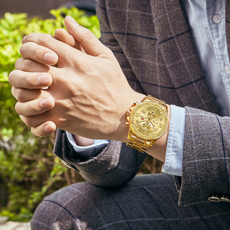 MINI FOCUS zegarki męskie luksusowy złoty zegarek Chronogragh zegarek kalendarz Pilot 1/10 drugi 3 tarcze ze stali nierdzewnej Relogio Masculino