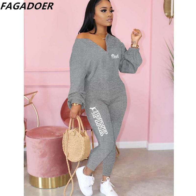 FAGADOER Women Casual PINK Letter Print Two Piece Sets Female V Neck Long Sleeve Top And Legging Pants Tracksuits Outfits 2022