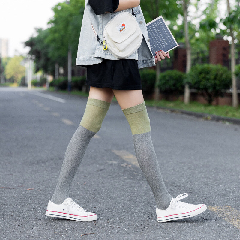 Женские Модные цветные носки выше колена с высокой посадкой, осенне-зимние хлопковые чулки в японском стиле колледжа с прострочкой