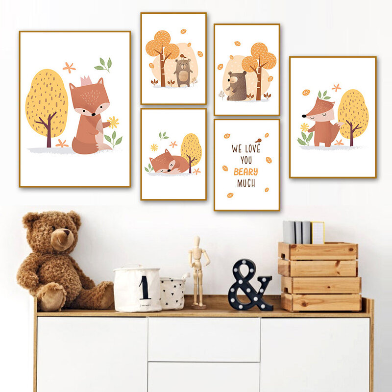 สัตว์น่ารักหมี Fox สีเหลืองหมายเลข Nursery Wall Art ภาพวาดผ้าใบ Nordic โปสเตอร์และพิมพ์ภาพผนังเด็กห้อง decor