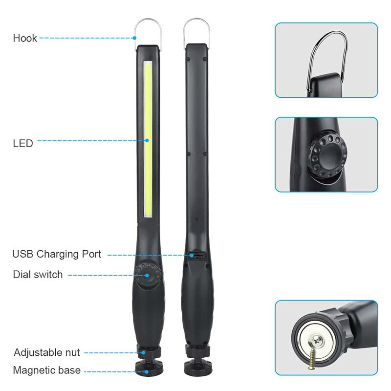 Luz LED de trabajo recargable por USB, luz de inspección magnética portátil, inalámbrica, para reparación de automóviles, uso doméstico y taller