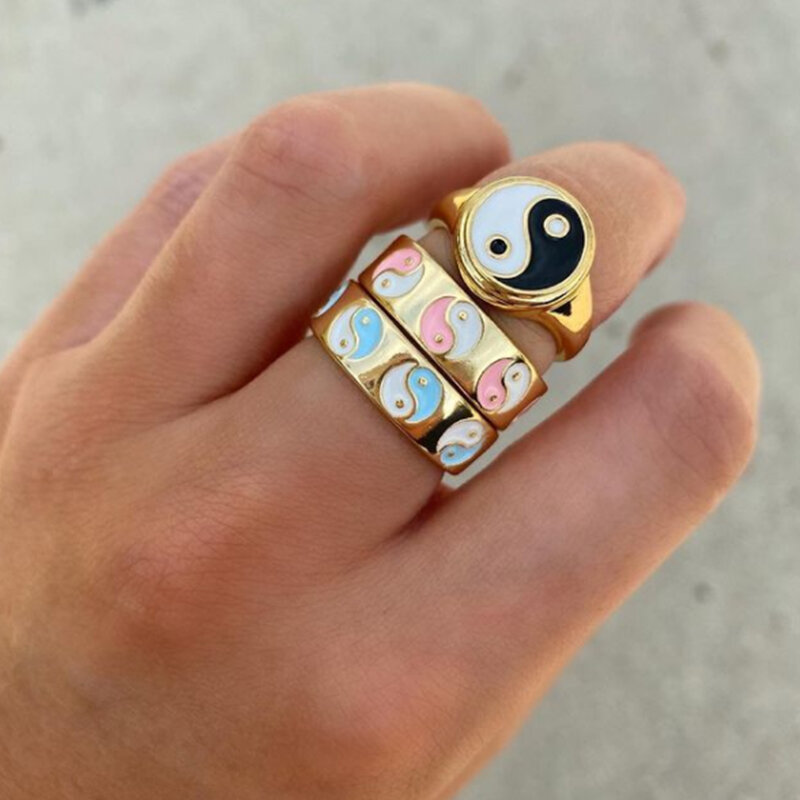 2021 Trendy Goud Kleur Gestapelde Ringen Koreaanse Leuke Emaille Schildpad Hart Vlinder Tai Chi Ringen Prachtige Keuze Voor Vrouwen Sieraden