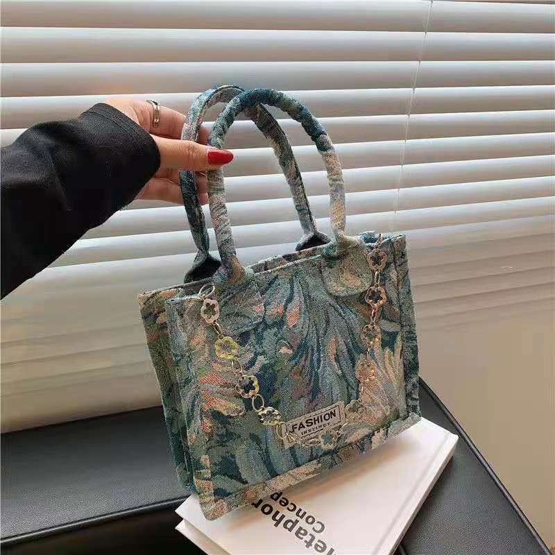 Monet Blues Tote Bag Artistic Printed Women Flower Chain Decoraction 2021 Square Canvas Big Capacity All-Match New Handbag