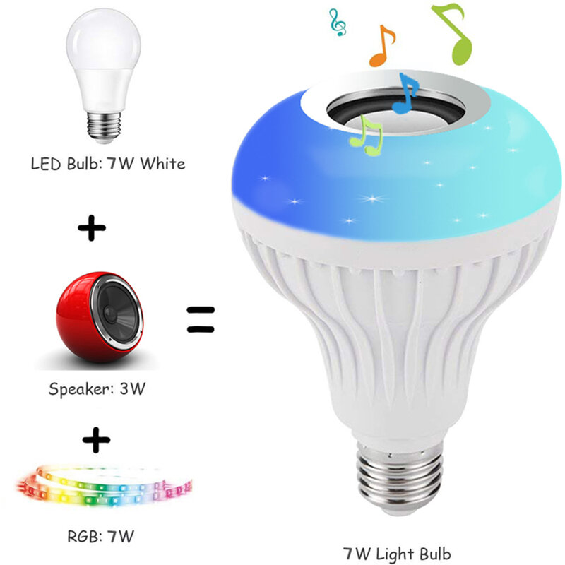 Lâmpada inteligente e27, 12w, ampola de led, rgb, sem fio, alto-falante, toca música, lâmpada regulável com controle remoto por app