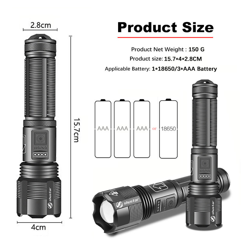 4 Core P70.2 LED Flashlight Super Bright Outdoor Adventure Light with Battery Display 5 Lighting Modes for Hiking, Camping,Etc.