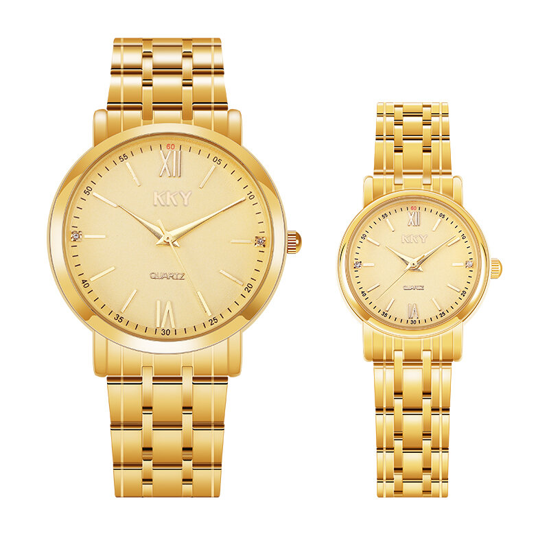 KKY Brand New Classic Style Gold Watch Couple Lover Watches Fashion Luxury Stainless Steel Men&Women Watch Orologi Coppia 2021