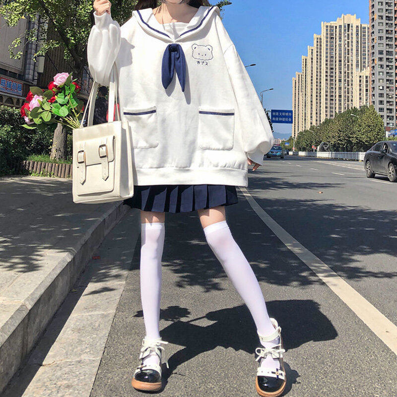 Japonés, Lolita chica Sailor Kawaii Collar Jk estampado de oso suelto sudadera lindo Harajuku estilo Preppy dulce Jersey