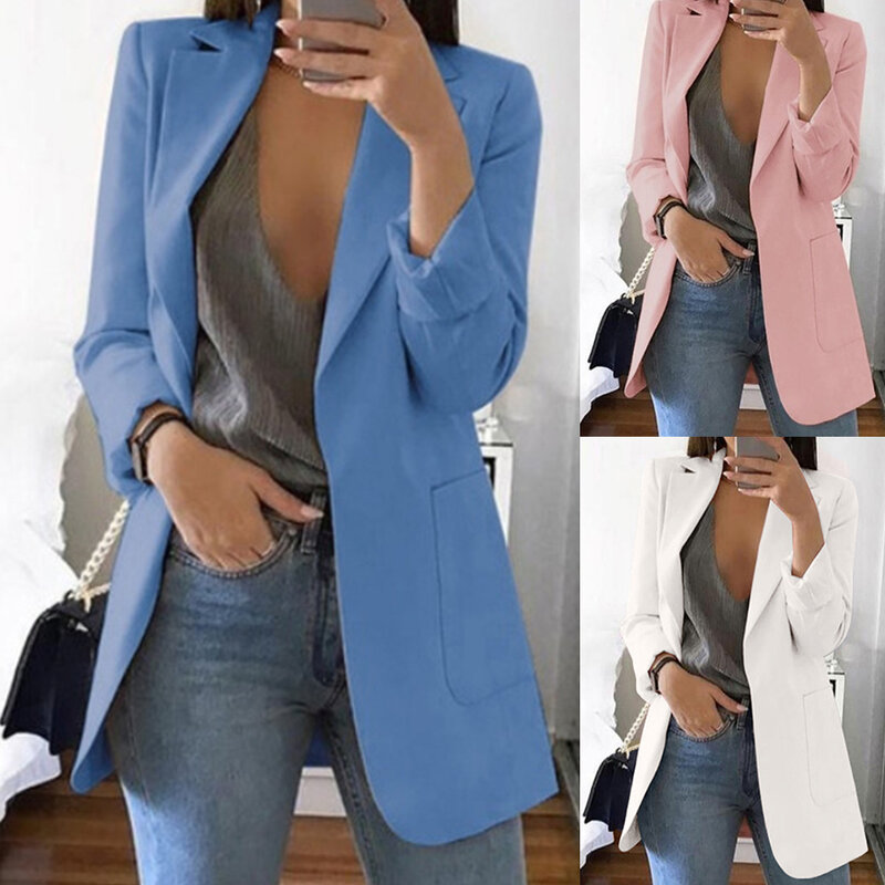 Jaket Setelan Wanita Elegan Warna Solid Kerah Lengan Panjang Tipis Bisnis Wanita Blazer Pakaian Luar Ukuran Plus Veste Femme Ropa Mujer