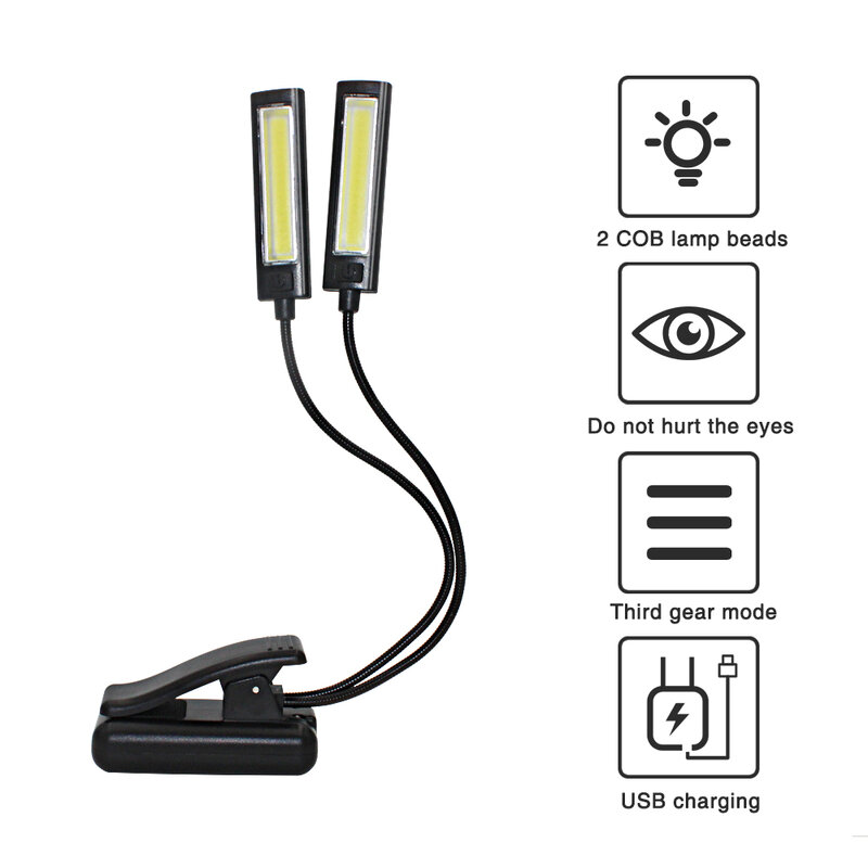 Usb 2 led cob luz build-in bateria livro lâmpada de leitura luz flexível 2 braços duplos clipe na tocha lanterna + cabo