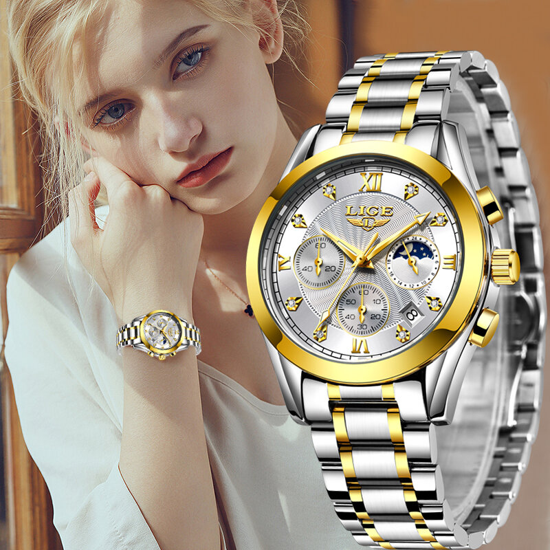 Lige moda feminina relógios senhoras marca de luxo aço inoxidável calendário esporte relógio quartzo feminino à prova dwaterproof água relógio montre femme