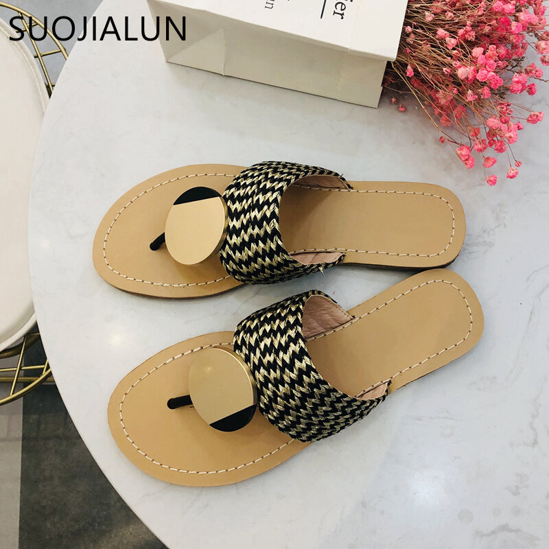 SUOJIALUN Frauen Sommer Strand Pantoffel Mode Metall Flache Heels Hausschuhe Damen Sommer Frauen Sandale Slip Auf Kausal Flip Flop