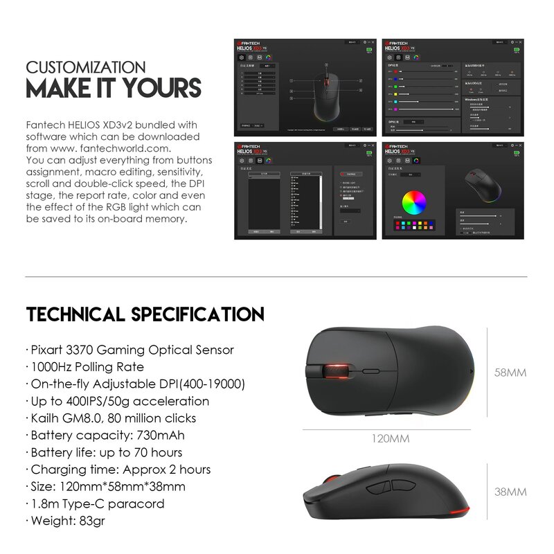 FANTECH-ratón inalámbrico para juegos HELIOS XD3V2, Mouse PIXART 3370, 19000 DPI, RGB, Kailh 8,0, 80 millones de clics, 83G, peso ligero