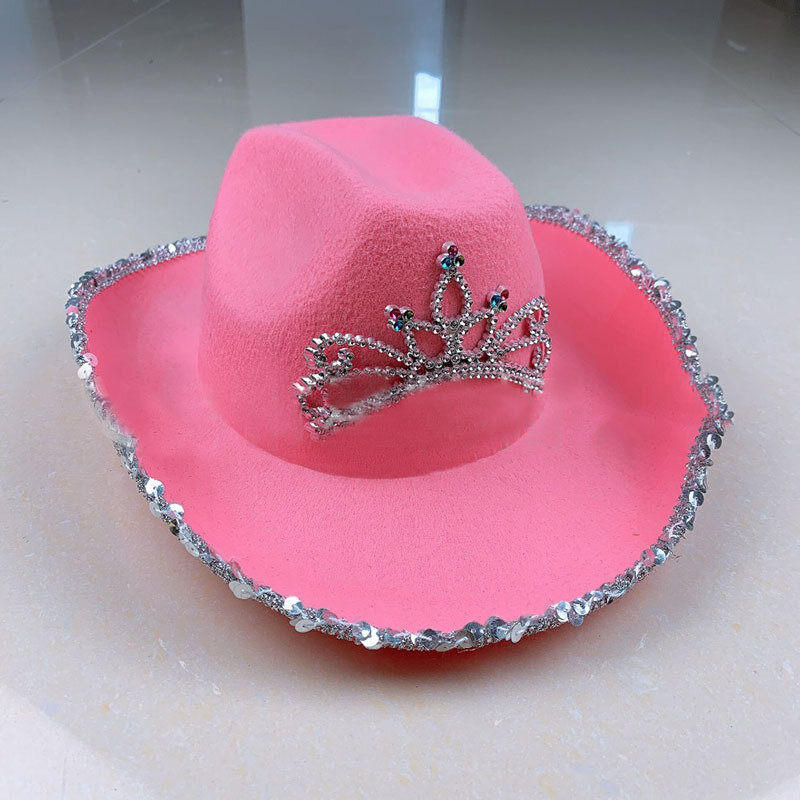 2021 Western Style Cowboy Hat Led Pink Women's Fashion Party Cap Warped Wide Brim with Sequin Decoration Crown Tiara Cowgirl Hat