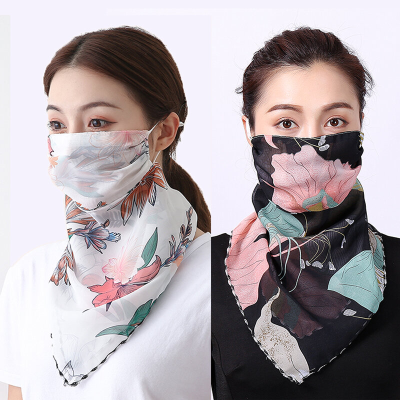 Mulheres chiffon máscara lenço rosto mascarillas envolve impressão floral senhora seda pescoço cachecóis foulard bandana máscaras reutilizáveis sun protect