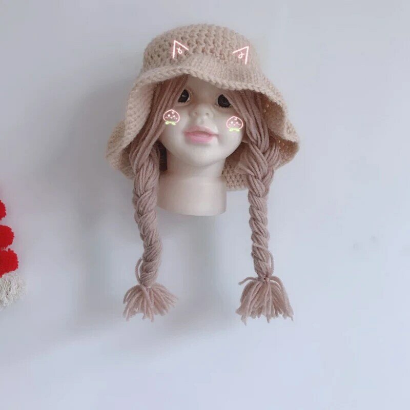Musim Dingin Lembut Hangat Bayi Anak Rajutan Topi Cute Wig Besar Kepang Anak Perempuan Anak Laki-laki Pakaian Putri Topi Ulang Tahun Natal 48-52Cm
