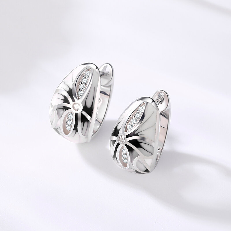 Fashion 925 Silver Chinese style black and white ink painting Flowers CZ Handmade Enamel Earrings for Women Original Jewelry