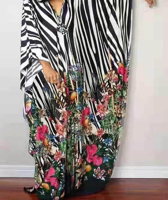 여성을위한 아프리카 긴 드레스 패션 줄무늬 꽃 인쇄 Boubou 2021 새로운 쉬폰 느슨한 Streetwear 가운 아프리카 드레스 Vestidos