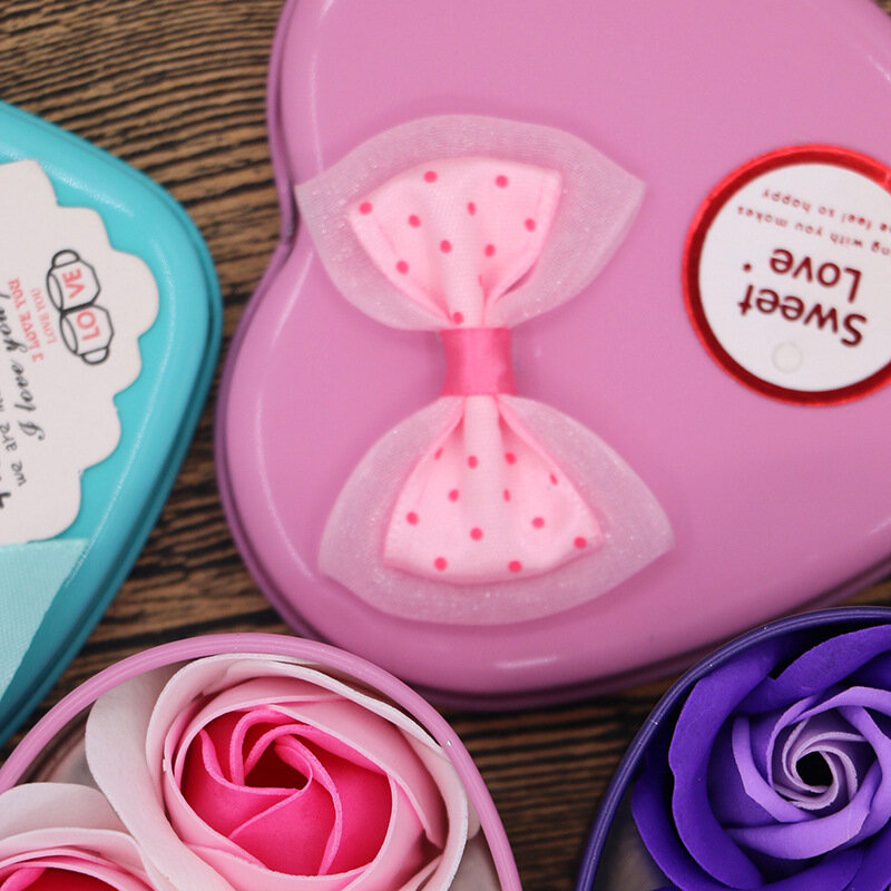 Jabón perfumado con forma de rosa para baño, caja de Metal con forma de corazón, ideal para regalo de boda, 6 unidades