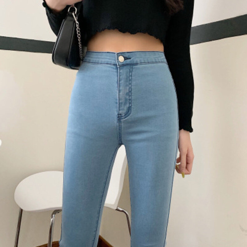 Jeans Ramping untuk Wanita Celana Pensil Denim Wanita Pinggang Tinggi Kurus Celana Panjang Wanita Ramping Pinggang Elastis Multi-ukuran Musim Semi Musim Gugur