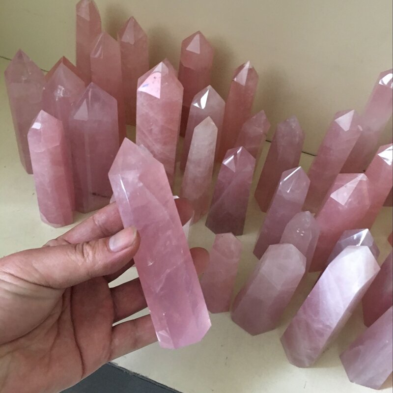 1PC Natural Rock Rose Strawberry Quartz Crystal Tower Point Healing Stone Pure Color Spiritual Obelisk Wand Pink Ornaments