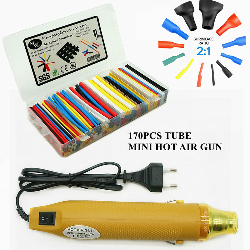 220V/110V  Handheld Mini Hot Air Gun 170PCS Heat Shrink Tube Assortment Shrink Ratio 2:1 Wrre Cable Sleeve Kit Drop Shopping